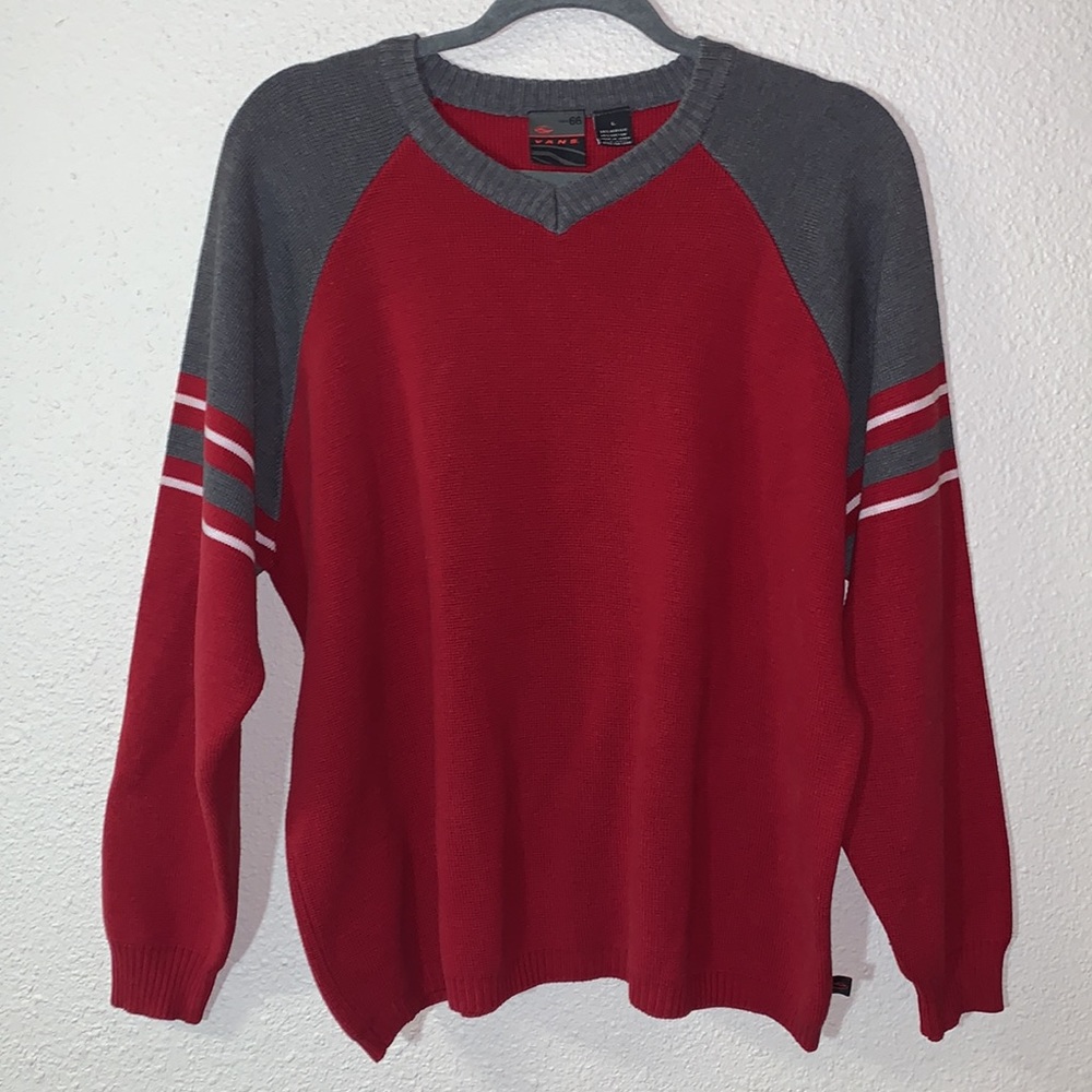 Rare Vintage Van’s skater red grey white striped arms v-neck sweater Sz L WSU